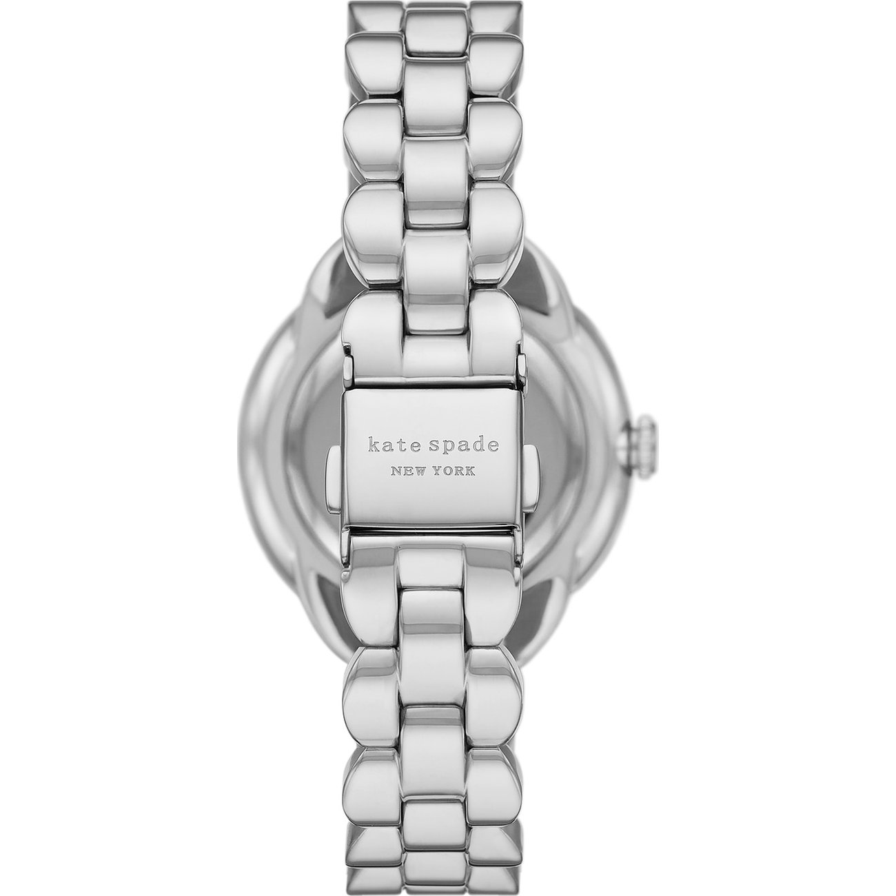 Rückansicht einer Kate Spade Damenuhr aus Edelstahl mit filigranem Armband und 