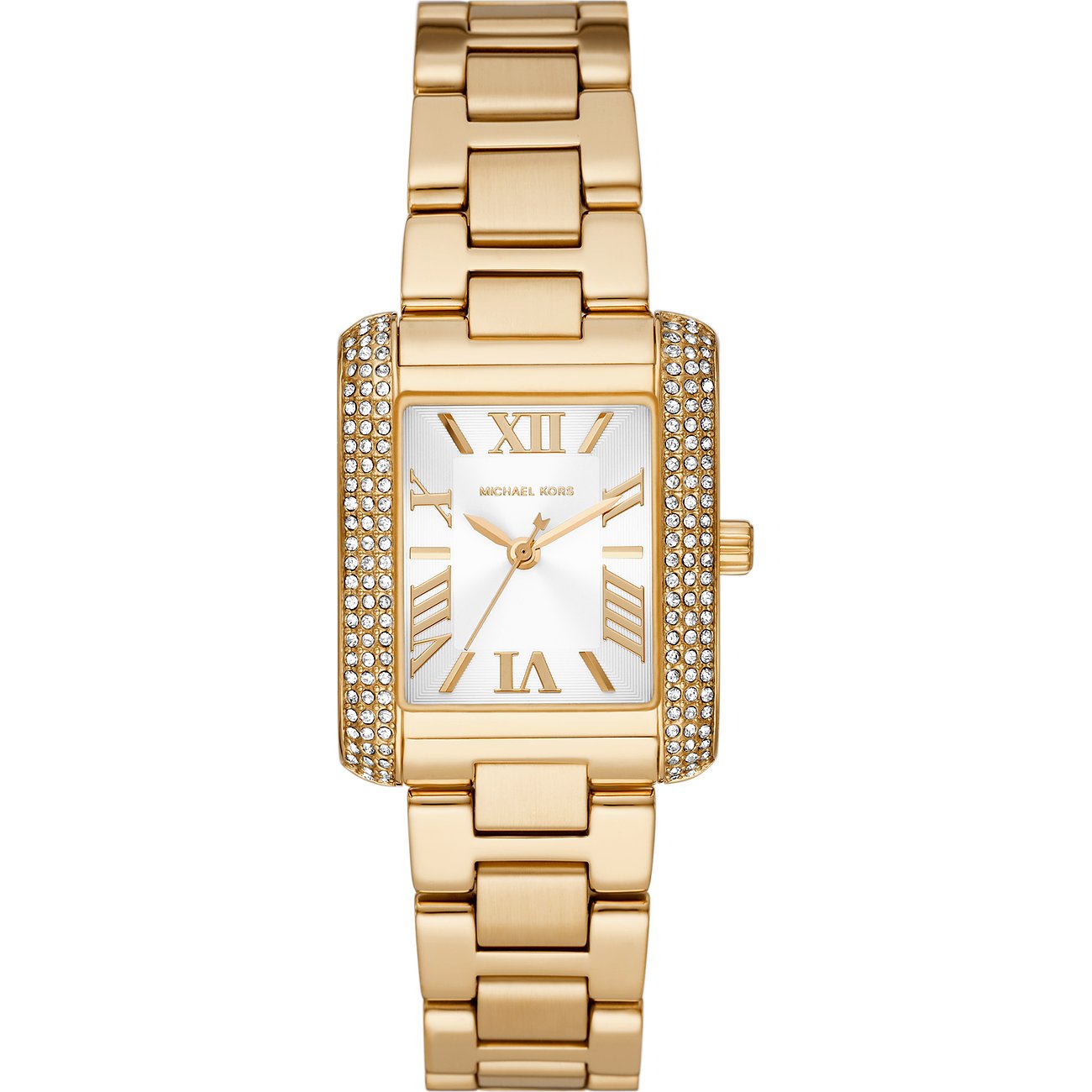 Die Michael Kors Damenarmbanduhr aus goldfarbenem Edelstahl hat ein rechteckiges Gehäuse mit Farbsteinen.