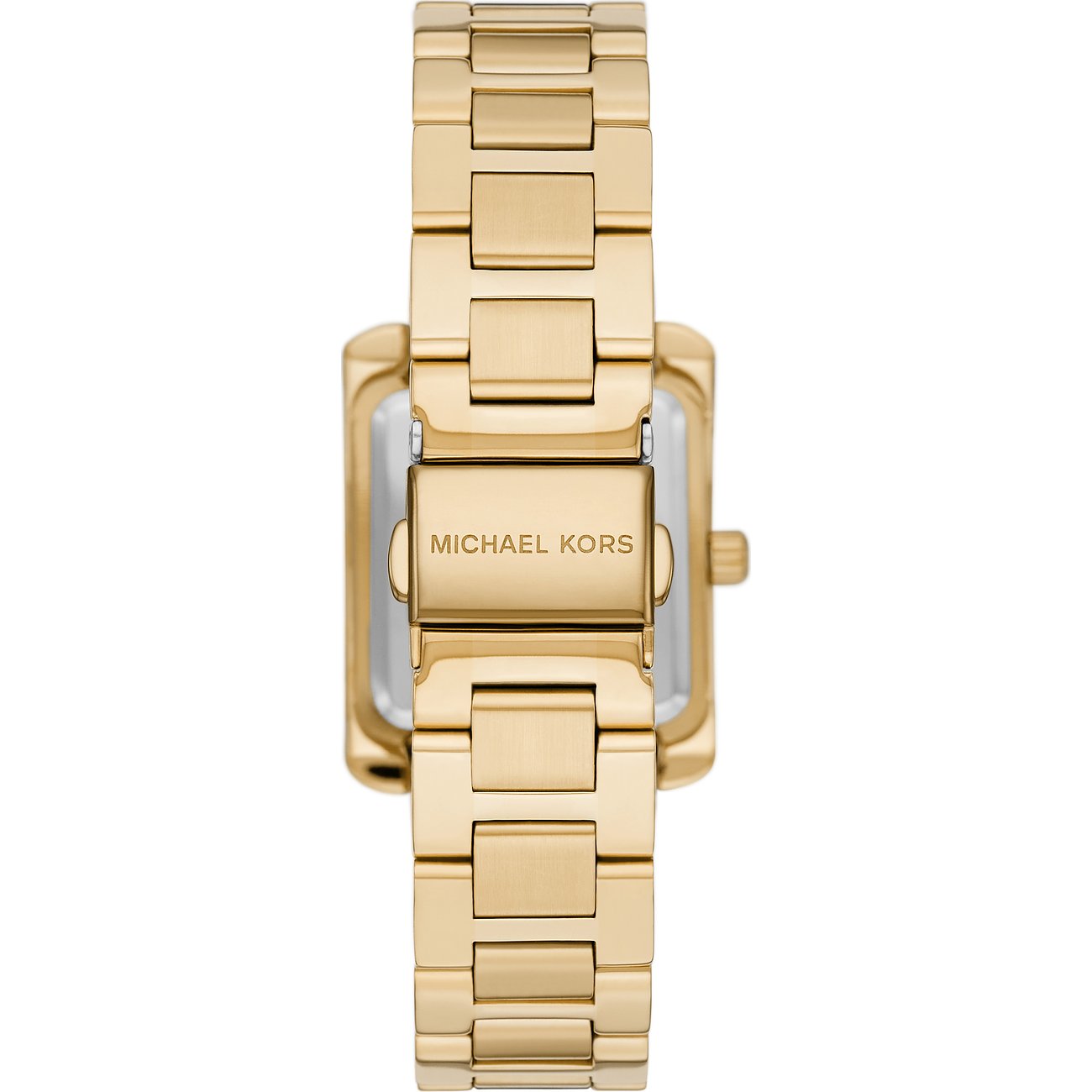 Rückseite einer goldenen Michael Kors Damenarmbanduhr aus Edelstahl mit rechteckigem Zifferblatt und Schmetterlingsverschluss.