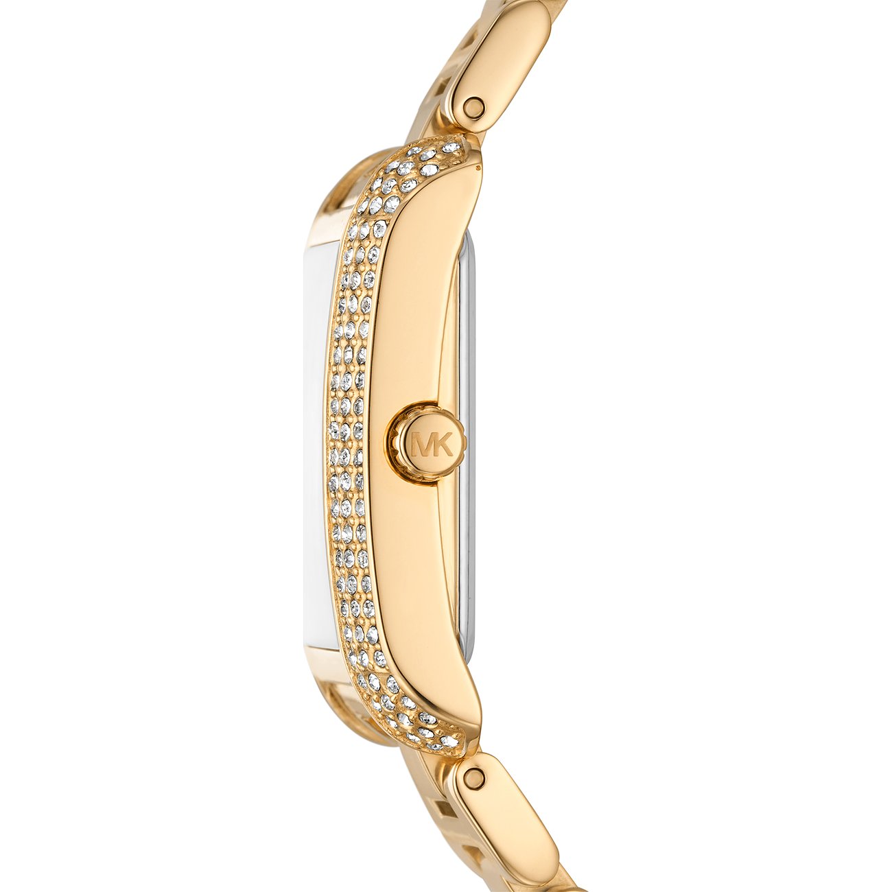 Seitenansicht der Michael Kors Damenuhr aus goldfarbenem Edelstahl mit Farbstoffbesatz und MK-Logo auf der Krone.
