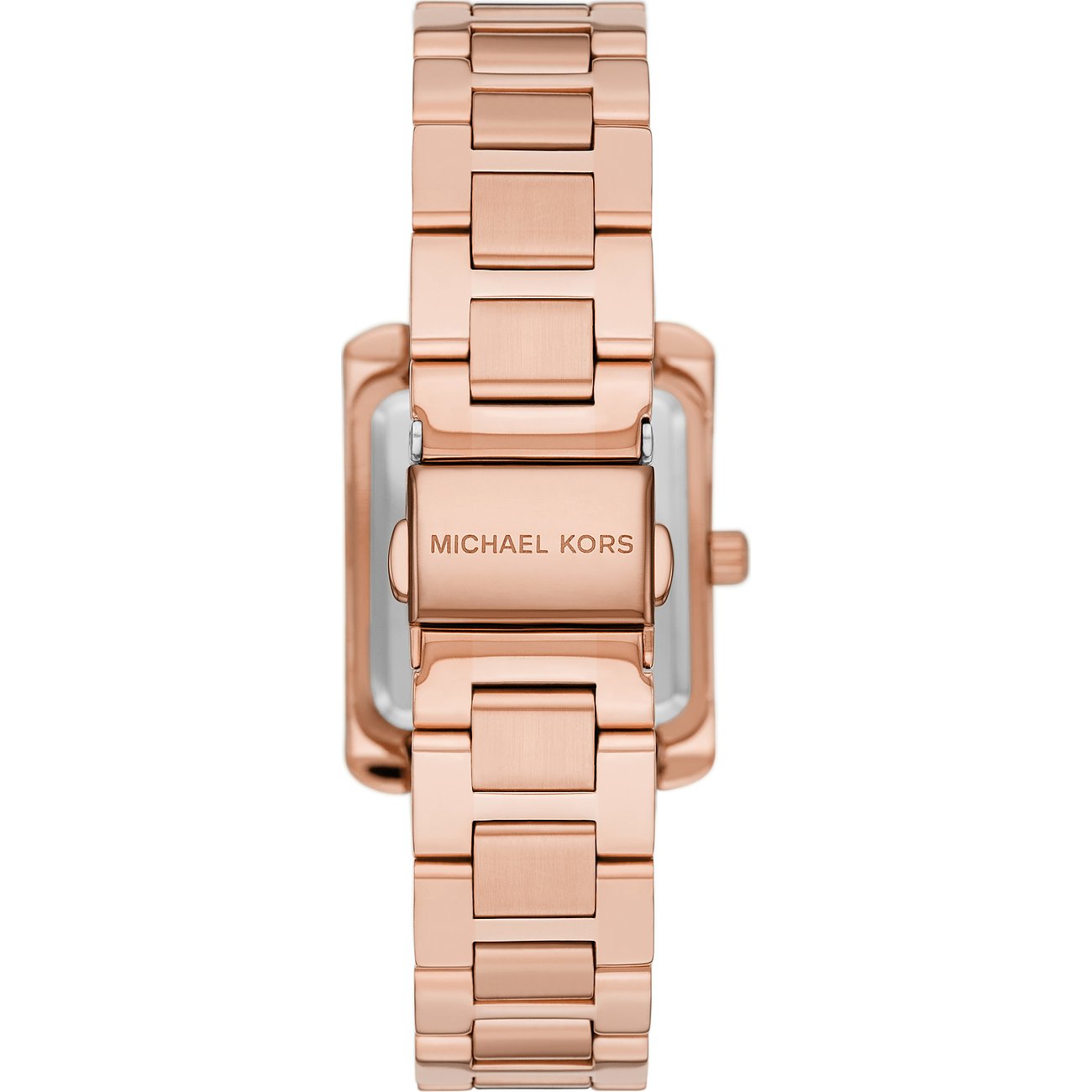Rückansicht der Michael Kors Damenuhr aus roségoldfarbenem Edelstahl mit Schließe und Markenlogo.