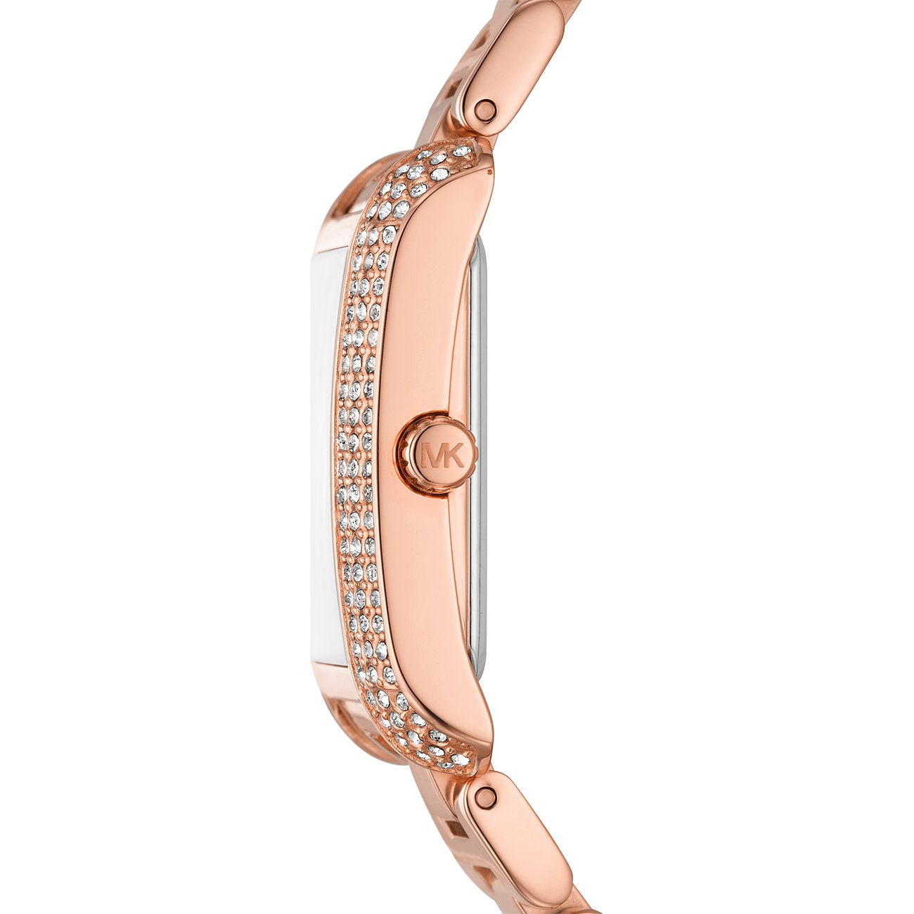 Seitenansicht einer Michael Kors Damenuhr aus roségoldfarbenem Edelstahl mit farbigen Steindetails am Gehäuse.