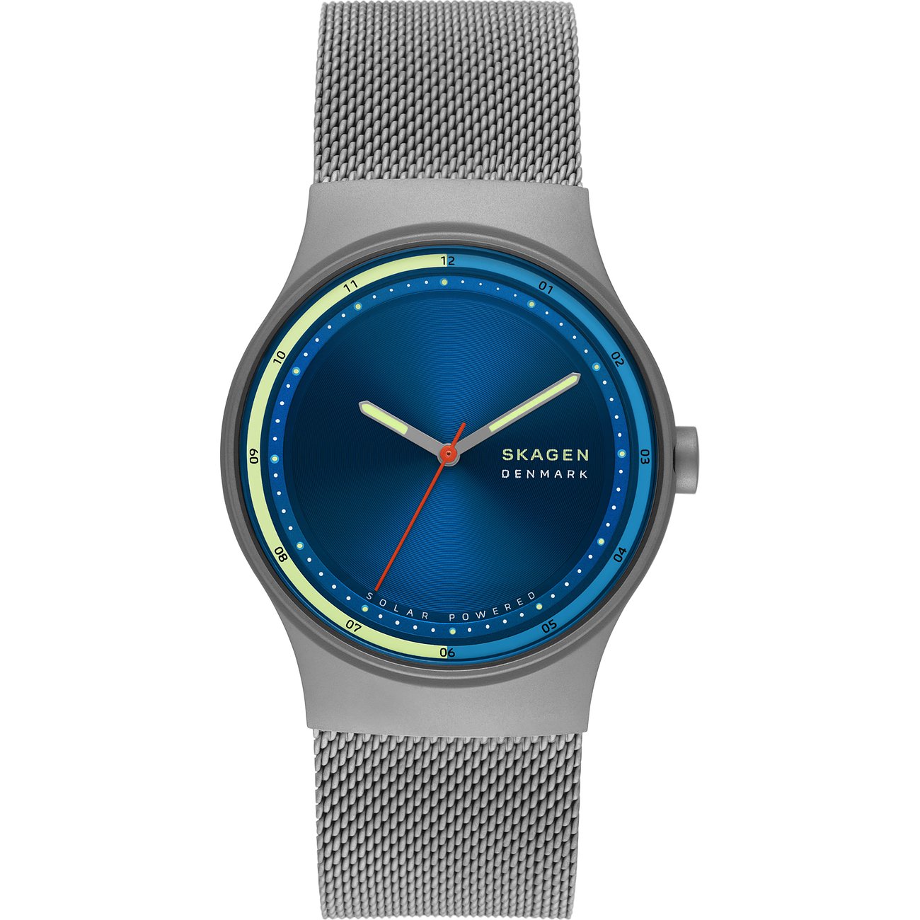 Skagen Herrenuhr aus Edelstahl mit blauer solarbetriebener Oberfläche und Milanaise-Armband.