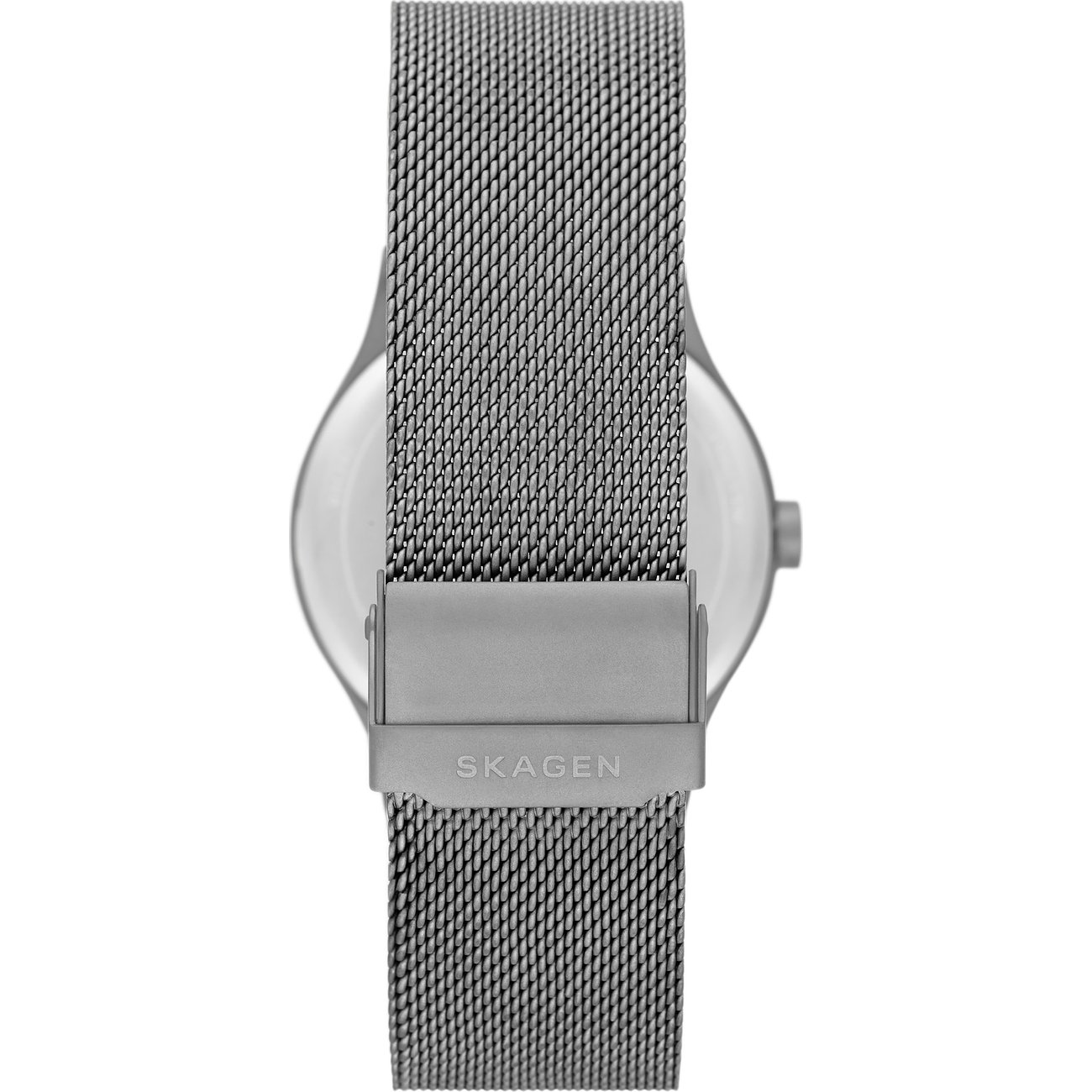 Rückansicht eines Skagen Herrenuhrenbandes aus grauem Edelstahl-Mesh mit Schließe und dezenter Skagen Gravur.