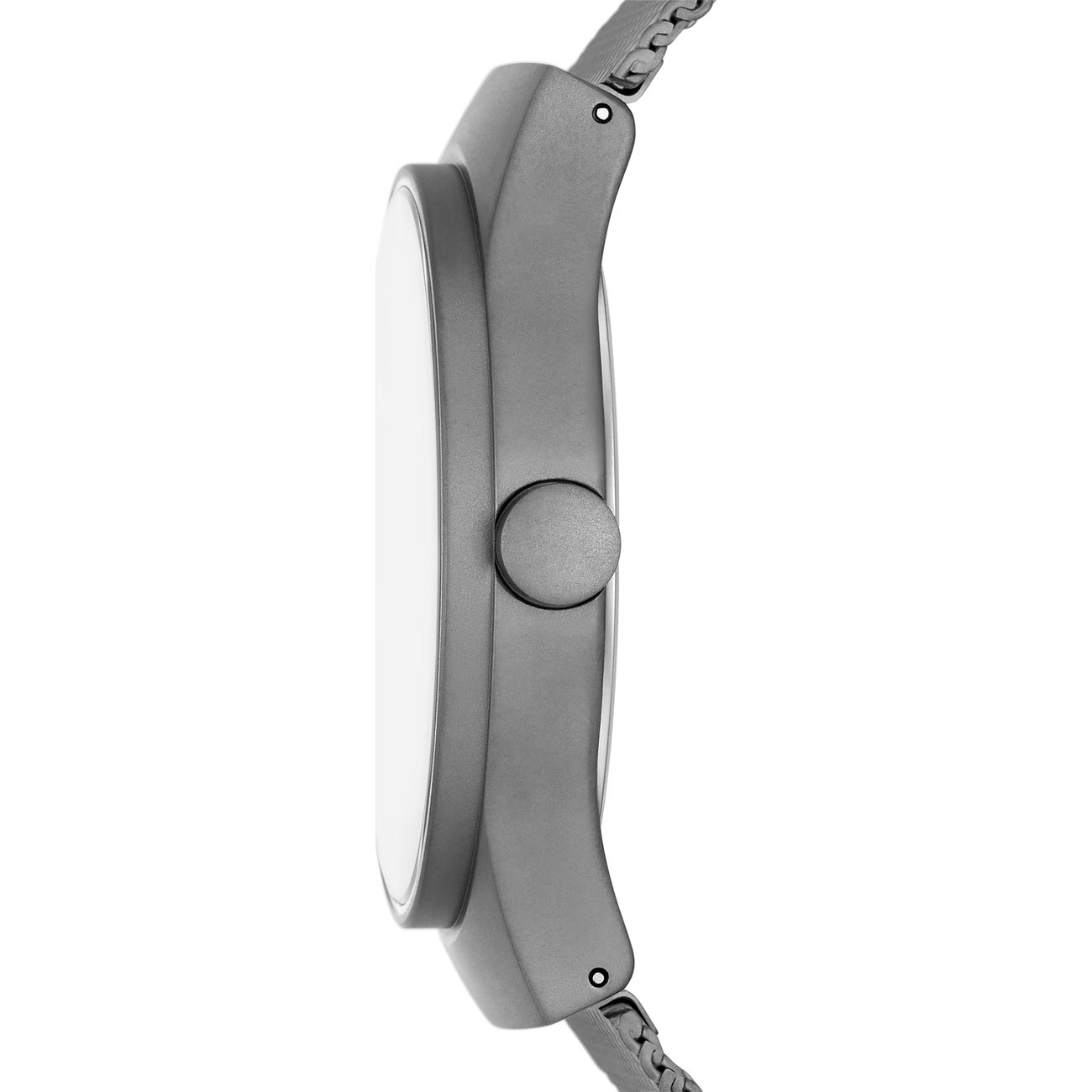 Seitenansicht der Skagen Herrenuhr aus dunkelgrauem Edelstahl mit Sicht auf die Krone und das Gehäuse.