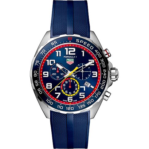 TAG Heuer Herrenuhr mit Edelstahlgehäuse, blauem Zifferblatt und blauem Armband.