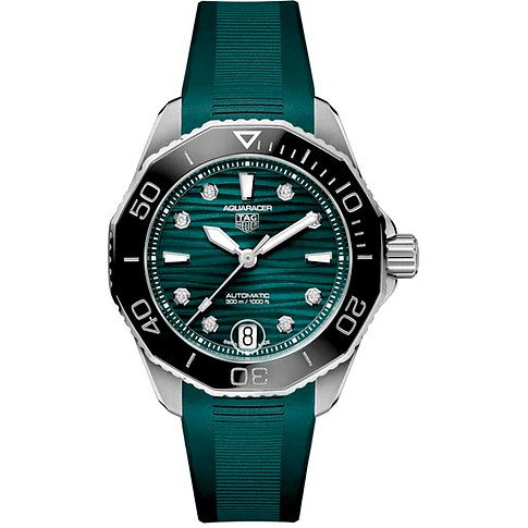 TAG Heuer Damenuhr Aquaracer aus Edelstahl mit grünem Zifferblatt und Diamanten, Vorderansicht.