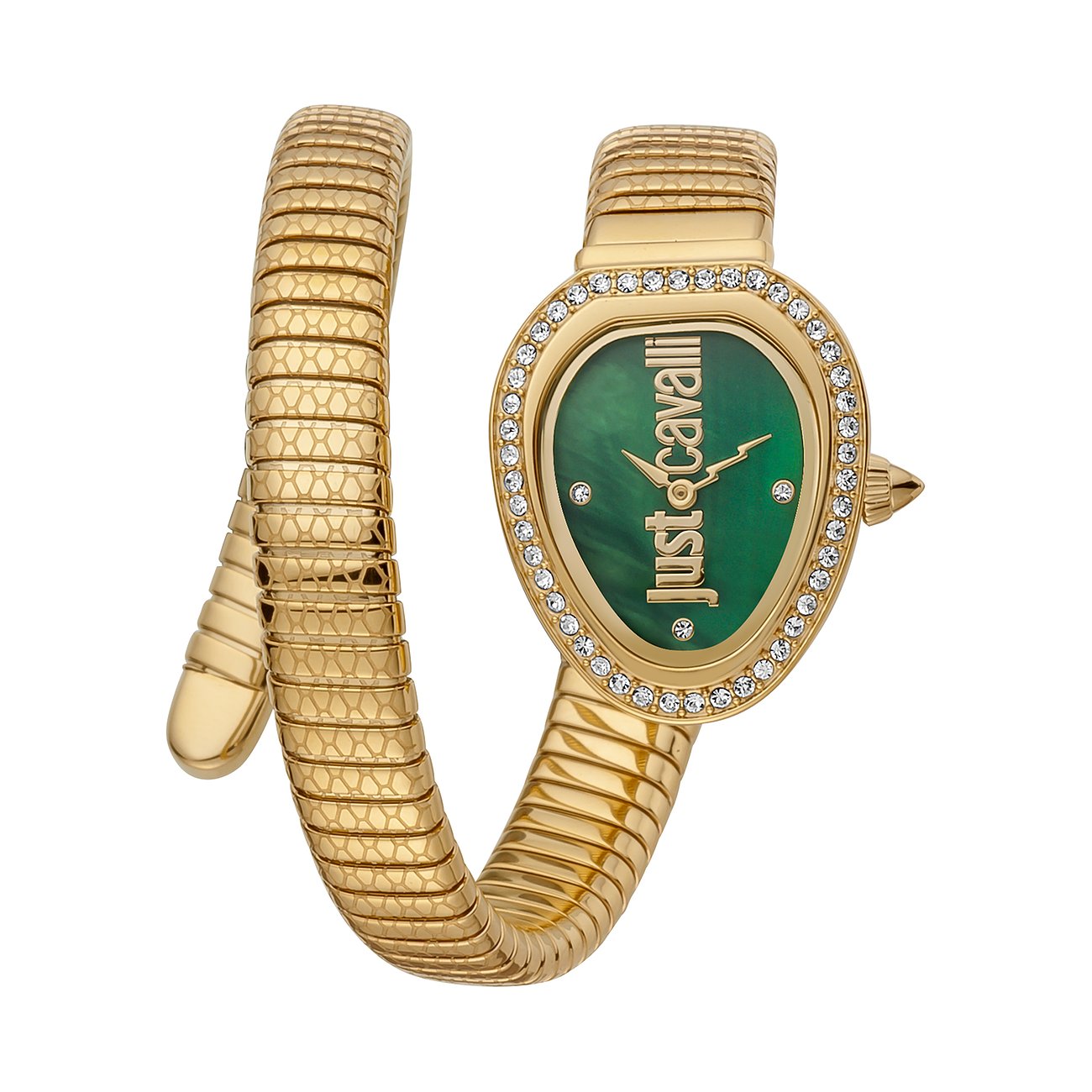 Just Cavalli Damenuhr aus goldfarbenem Edelstahl mit schlangenartigem Armband und grünem Zifferblatt mit Kristallen.