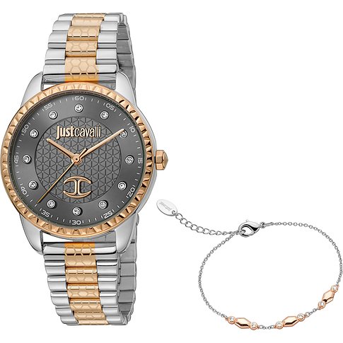 Just Cavalli sæt med armbåndsur og filigranarmbånd i rustfrit stål med rosaguldfarvede accenter og krystaller.