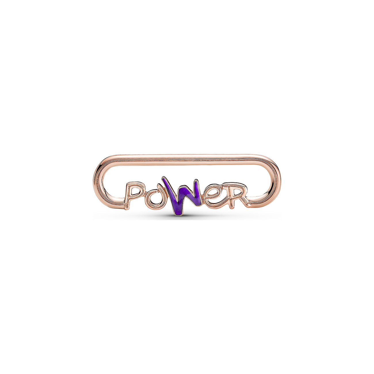 Pandora Kettenanhänger aus roségoldfarbenem Metall mit der lila emaillierten Aufschrift „POWER“.