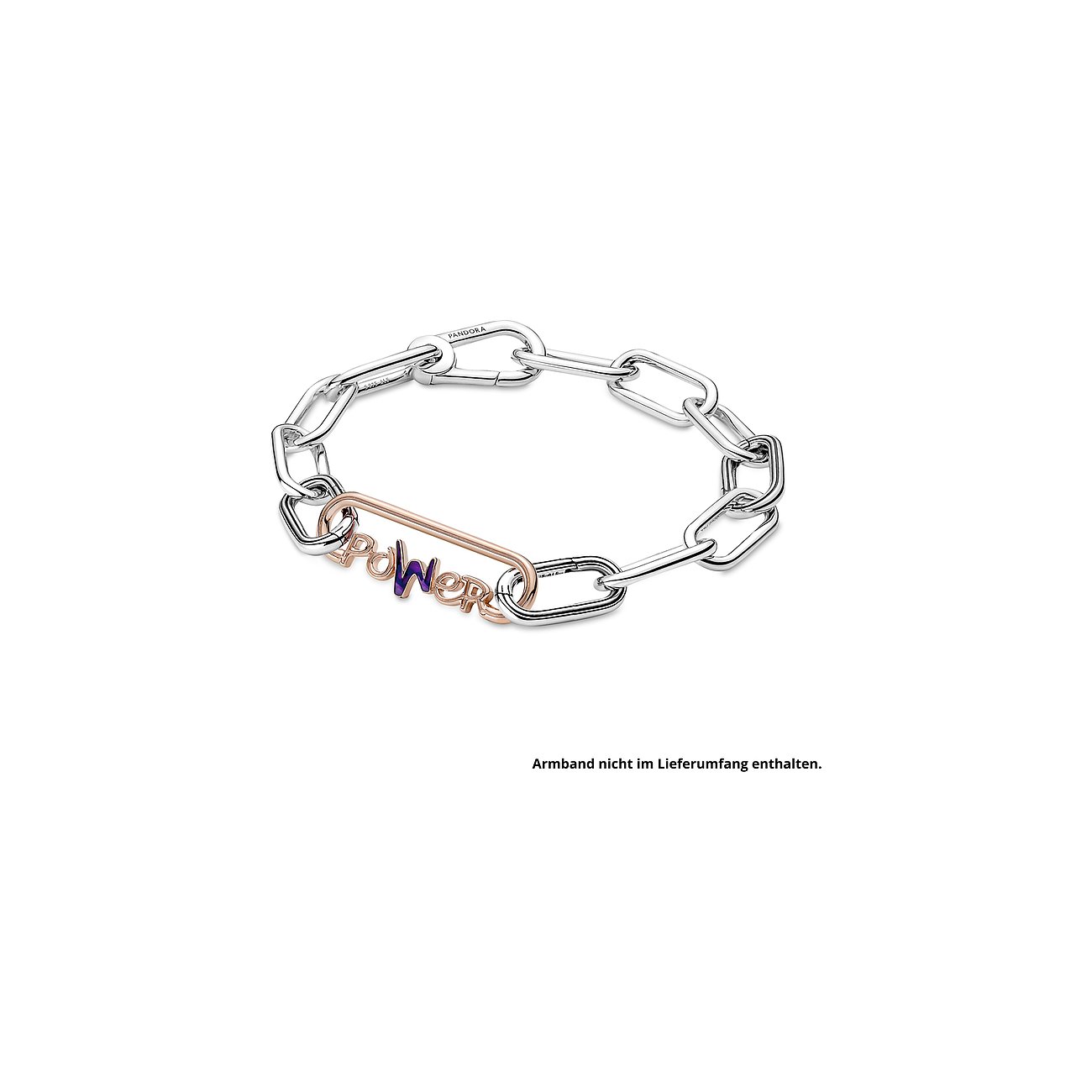 Pandora Anhängeschmuck aus Metall und Emaille. Ein silberfarbenes Kettenarmband mit einem roségoldfarbenen Anhänger.