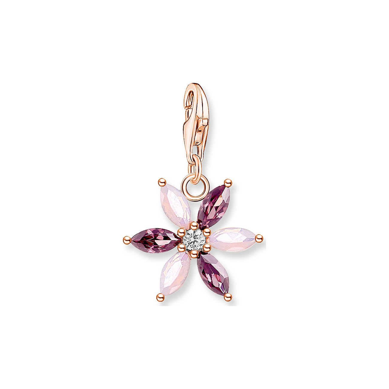 Ein zarter Thomas Sabo Anhänger aus rosévergoldetem 925er Silber in Blumenform mit Glassteinen in Lila und Rosatönen.