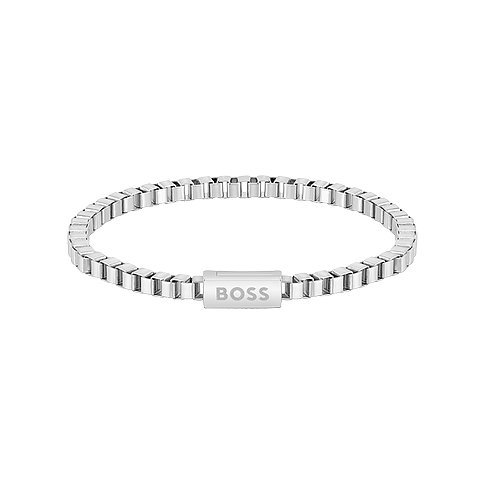 Boss Armband aus Edelstahl mit Boxkette und Logo-Verschluss.