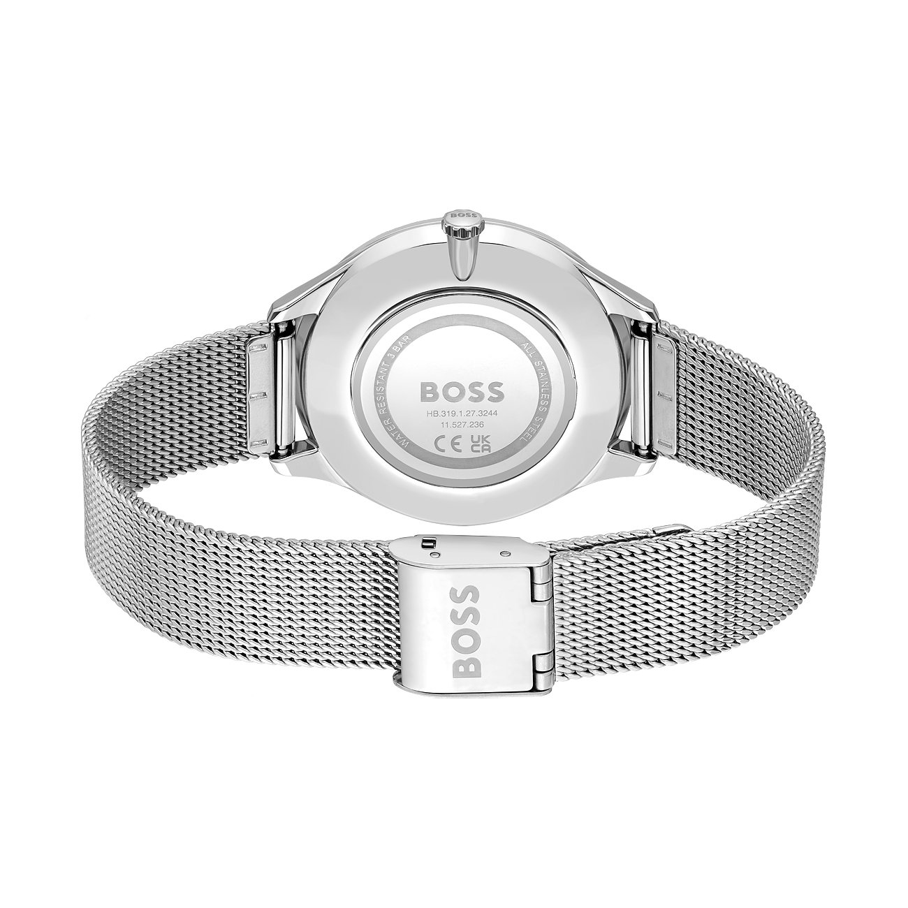 Rückansicht einer silbernen Boss Damenuhr aus Edelstahl mit filigranem Milanaise-Armband und gravierter Gehäuserückseite.