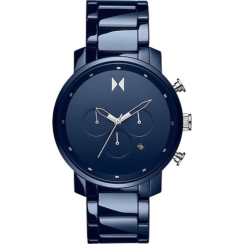 MVMT Herrenuhr aus dunkelblauer Keramik mit Chronograph, Datum und silbernen Details, frontale Ansicht.