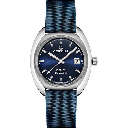 Certina Herrenuhr mit Edelstahlgehäuse, blaues Zifferblatt und blaues Textilarmband.