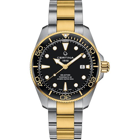 Certina Herrenuhr mit Edelstahlgehäuse, bicolor, mit schwarzem Zifferblatt und Datum.