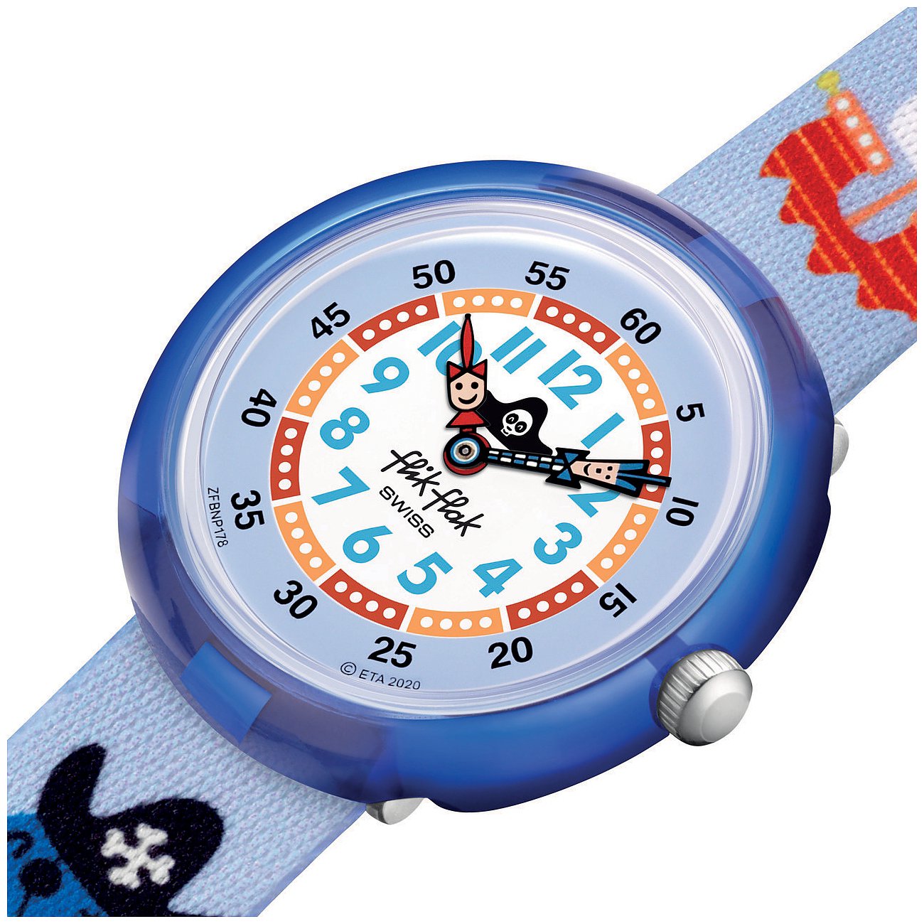 Eine blaue Kinderuhr von Flik Flak aus Kunststoff mit Comic-Details auf dem verspielten Zifferblatt und Armband.