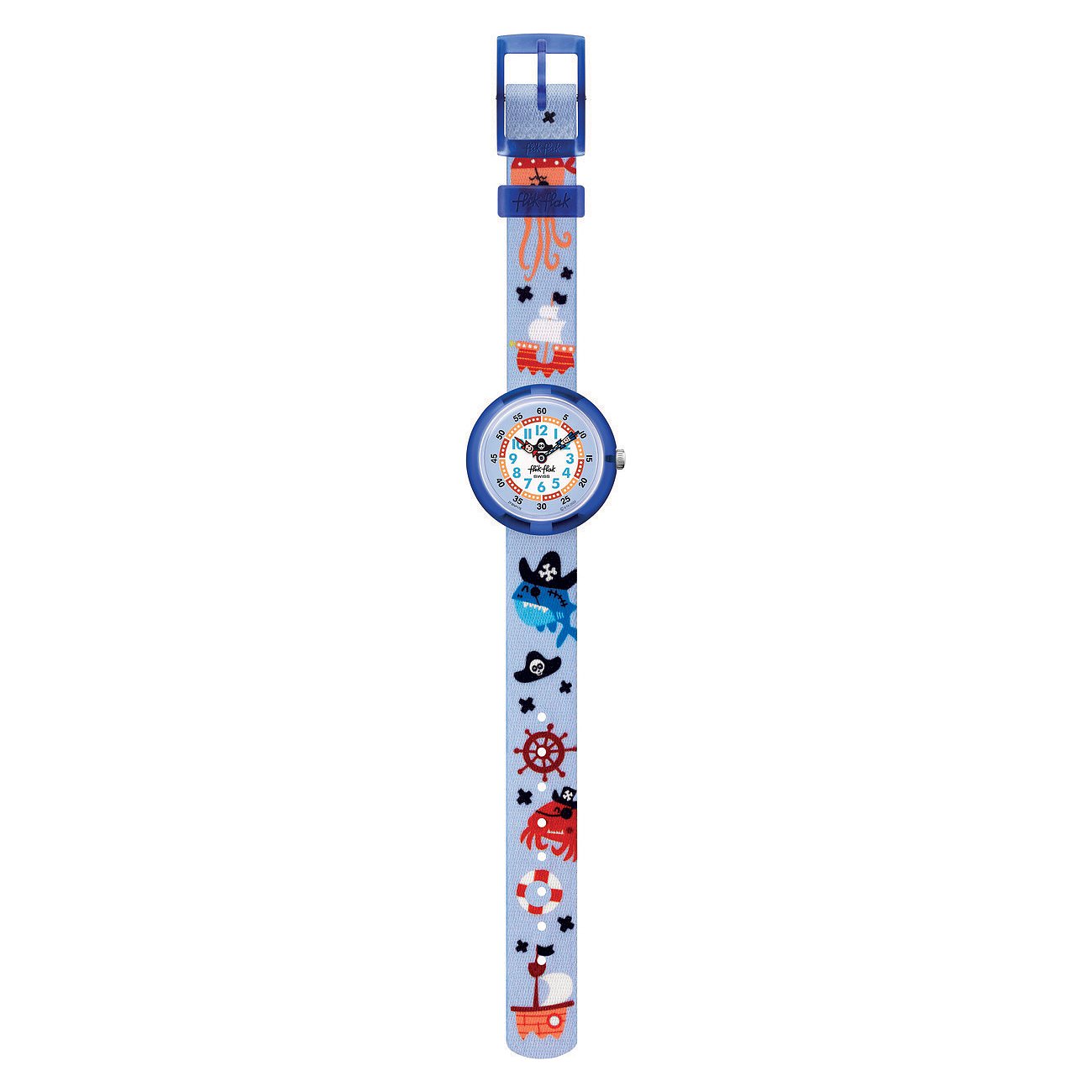 Die Flik Flak Kinder-/Jugenduhr aus Kunststoff zeigt ein hellblaues Armband mit Piratenmotiven und einem blauen Zifferblatt.