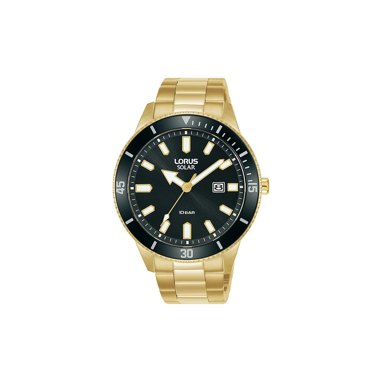 Orologio da uomo Lorus con cassa in acciaio inossidabile, quadrante nero e cinturino color oro.