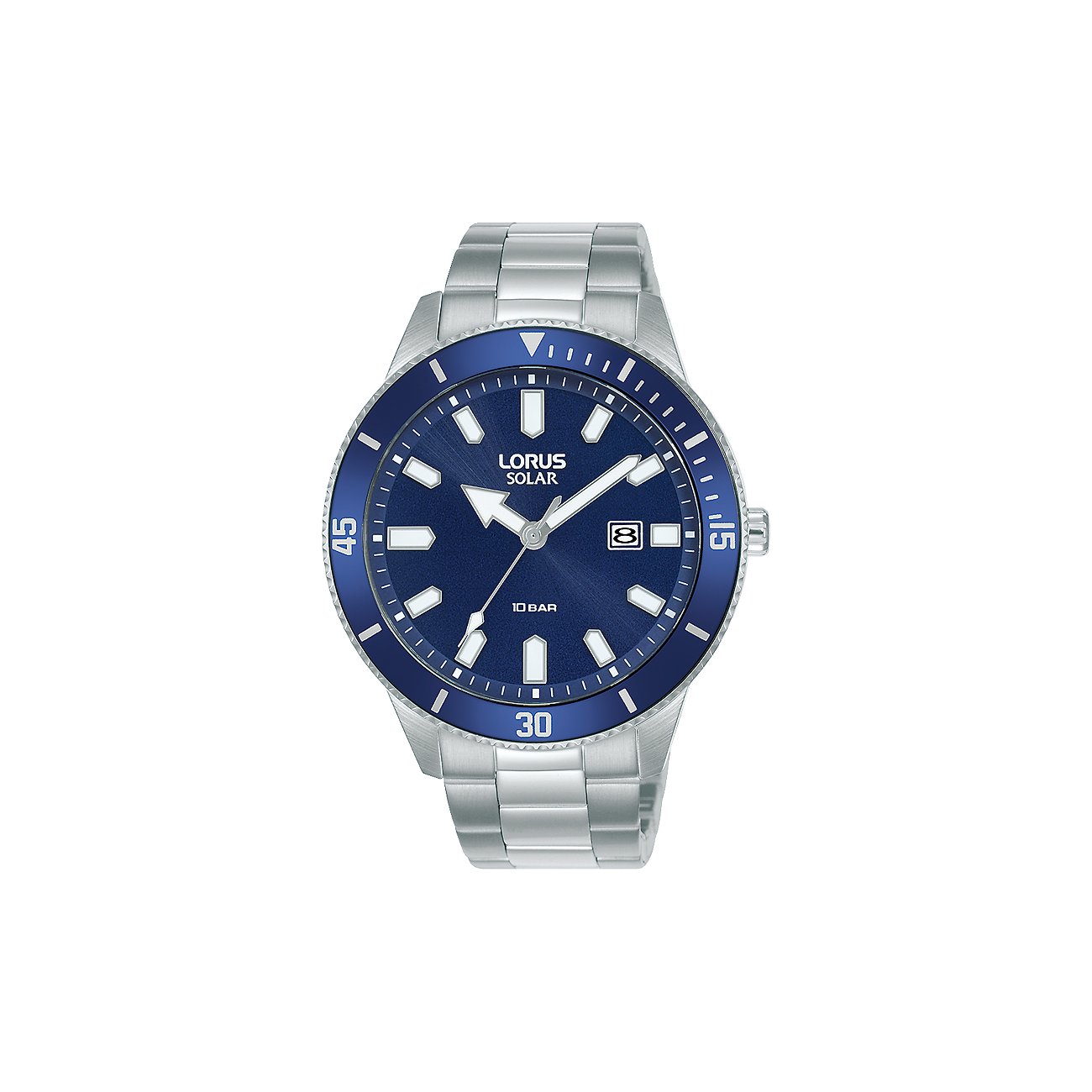 Lorus Herrenuhr mit Edelstahlgehäuse, blauem Zifferblatt und analoger Anzeige.