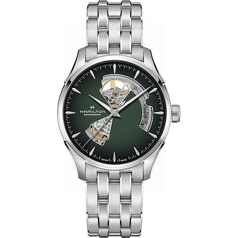 Hamilton Herrenuhr mit Edelstahlgehäuse, Automatikwerk und grünem Zifferblatt.