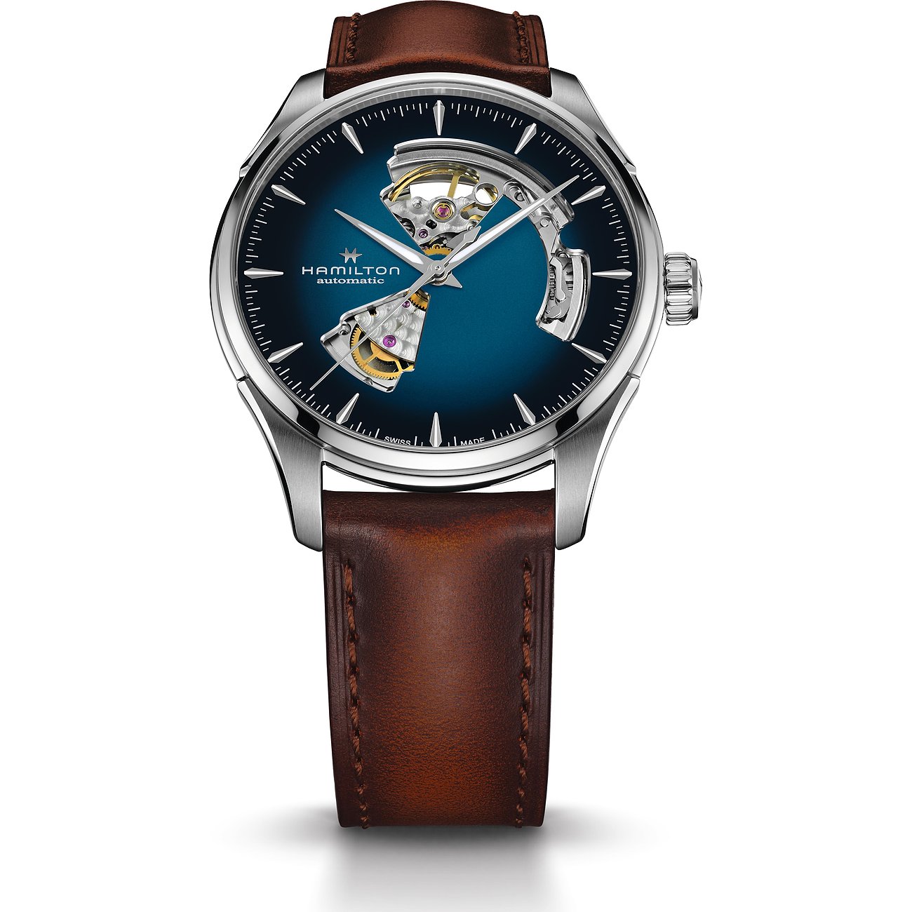 Hamilton Herrenuhr mit Edelstahlgehäuse, blauem Zifferblatt und offenliegendem Werk.
