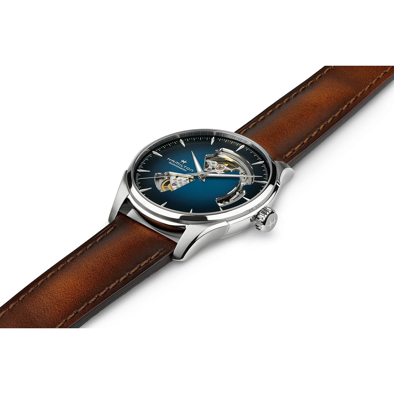 Hamilton Herrenuhr mit Edelstahlgehäuse und blauem Zifferblatt.