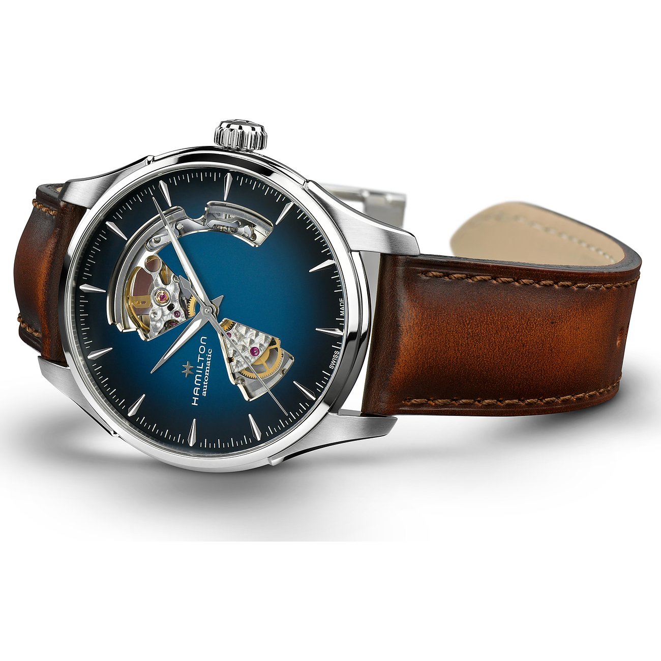 Hamilton Herrenuhr mit Edelstahlgehäuse und blauem Zifferblatt mit Skelett-Design.
