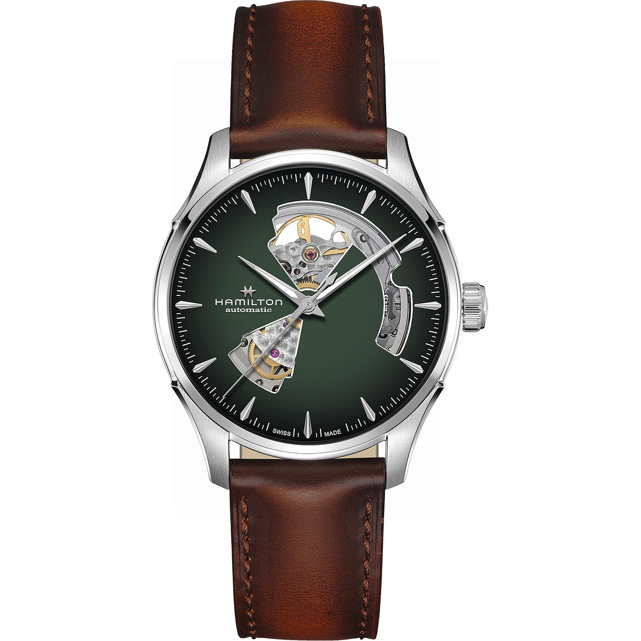 Hamilton Herrenuhr mit Edelstahlgehäuse und Automatikwerk, grünes Zifferblatt.