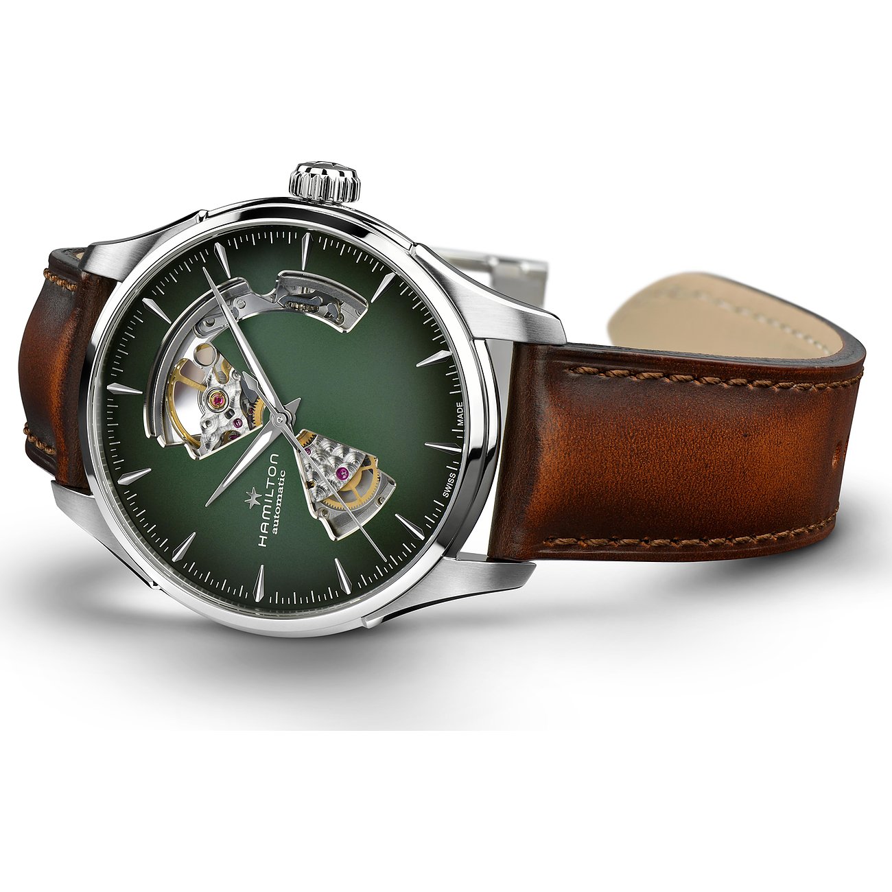 Hamilton Herrenuhr mit Edelstahlgehäuse und grünem Zifferblatt.