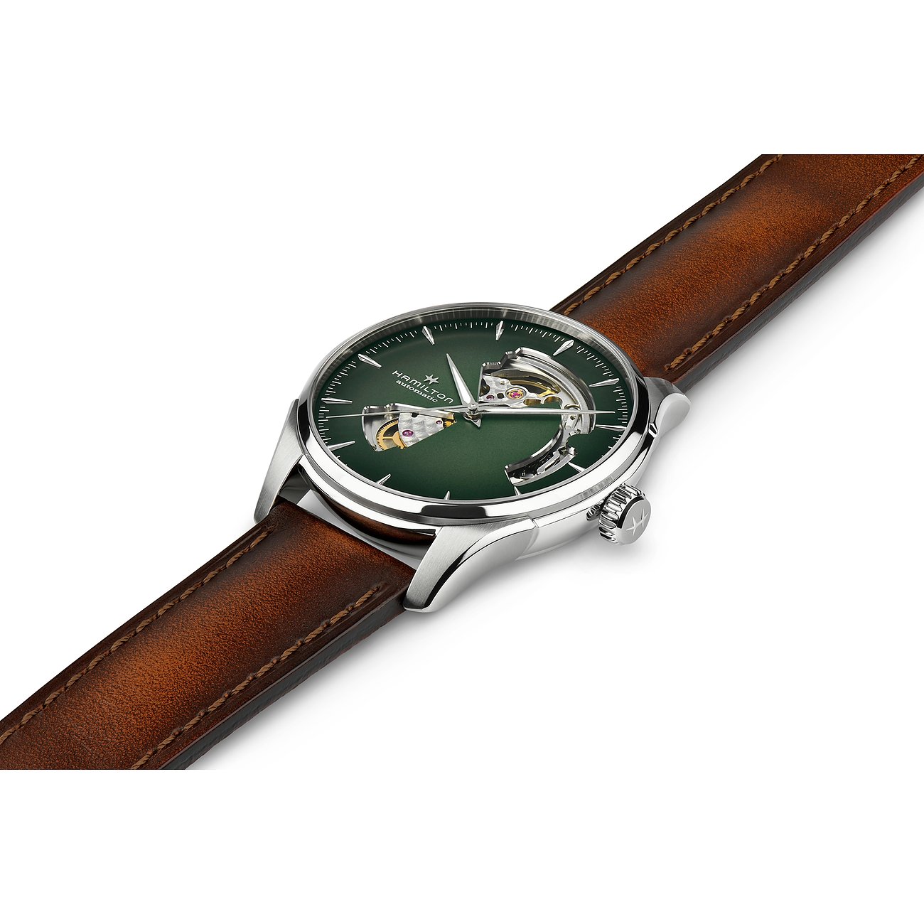 Hamilton Herrenuhr mit Edelstahlgehäuse, Automatikwerk und braunem Lederarmband.