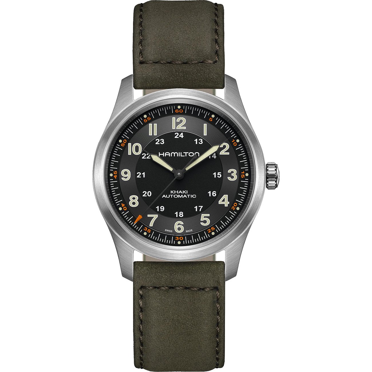 Hamilton Herrenuhr mit Titan-Gehäuse, schwarzem Zifferblatt und Lederarmband.