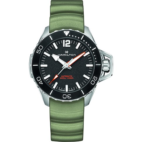 Hamilton Herrenuhr mit Edelstahlgehäuse, schwarzem Zifferblatt und grünem Armband.