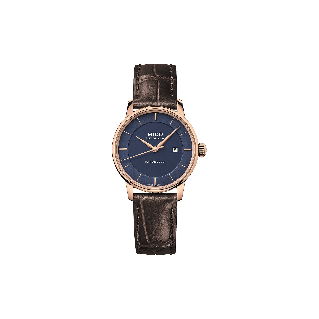 Mido Damenuhr mit Edelstahlgehäuse, blauem Zifferblatt und braunem Lederarmband.