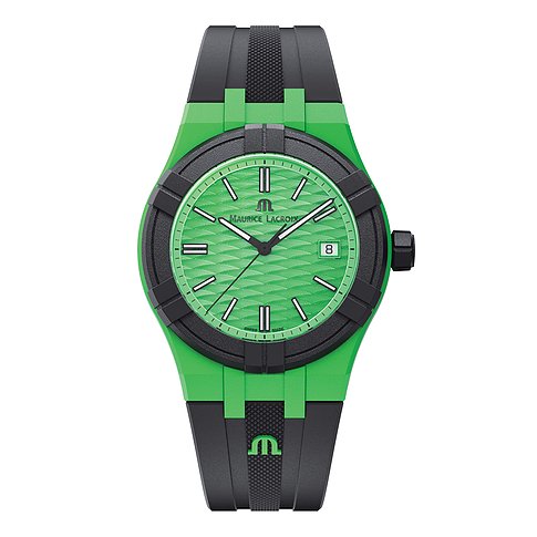 Maurice Lacroix Unisexuhr aus Kunststoff mit leuchtend grünem Zifferblatt und Armband, schwarzem Gehäuse und Akzenten.