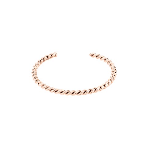 Närbild av ett Tamaris-armband i roséguldfärgat tvinnat rostfritt stål mot vit bakgrund.