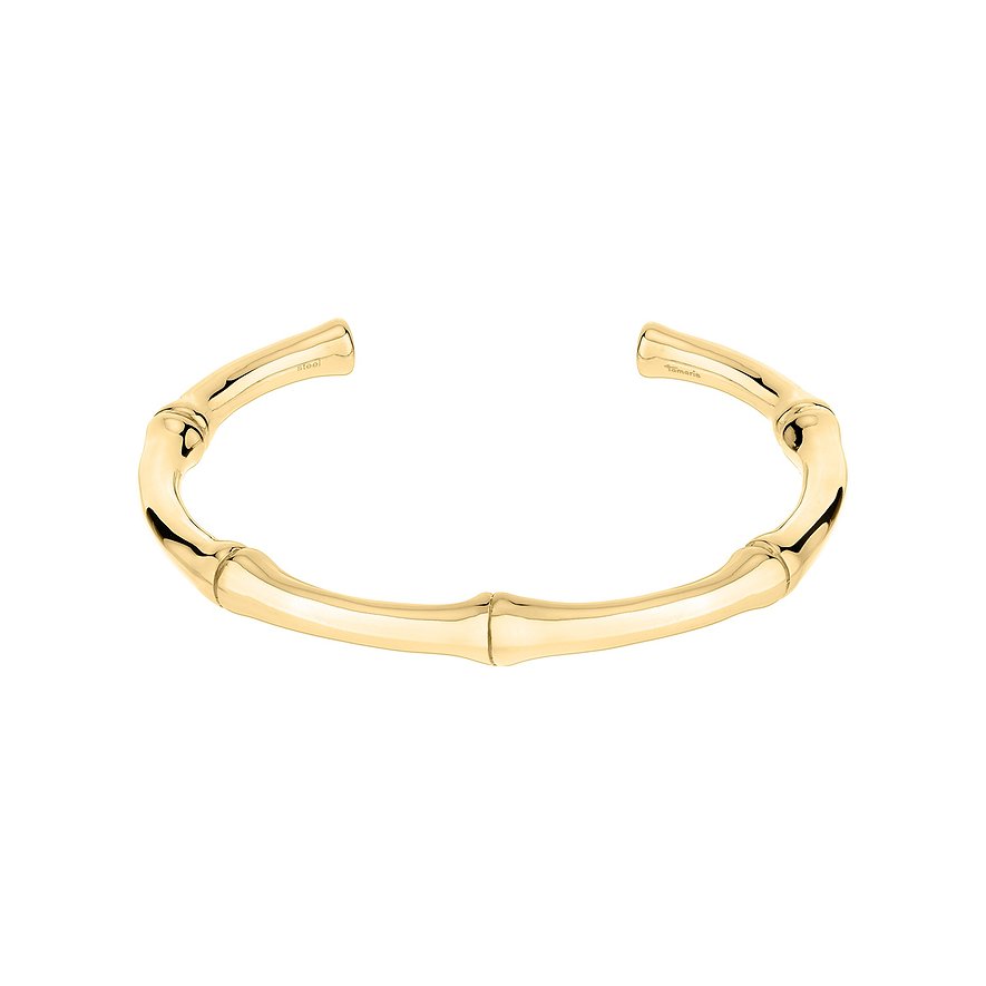 Bracelet Tamaris en acier inoxydable doré, aspect bambou, photographié légèrement en plongée.