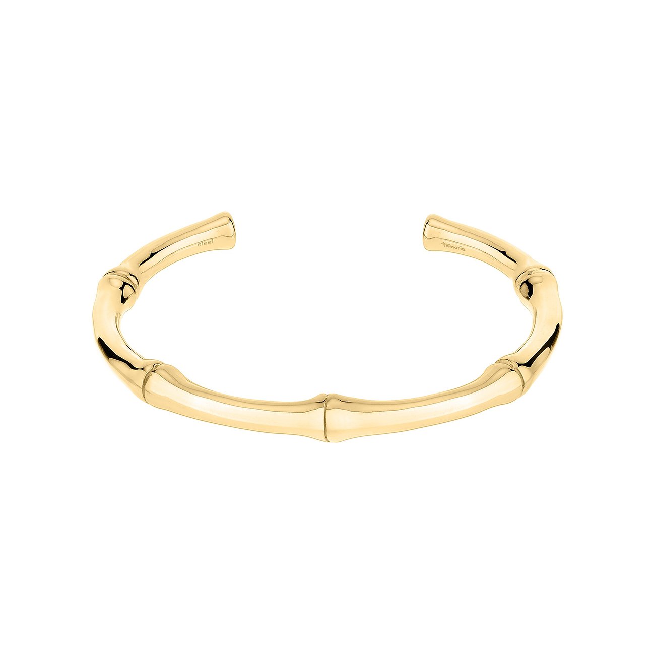 Bracelet Tamaris en acier inoxydable doré, aspect bambou, photographié légèrement en plongée.
