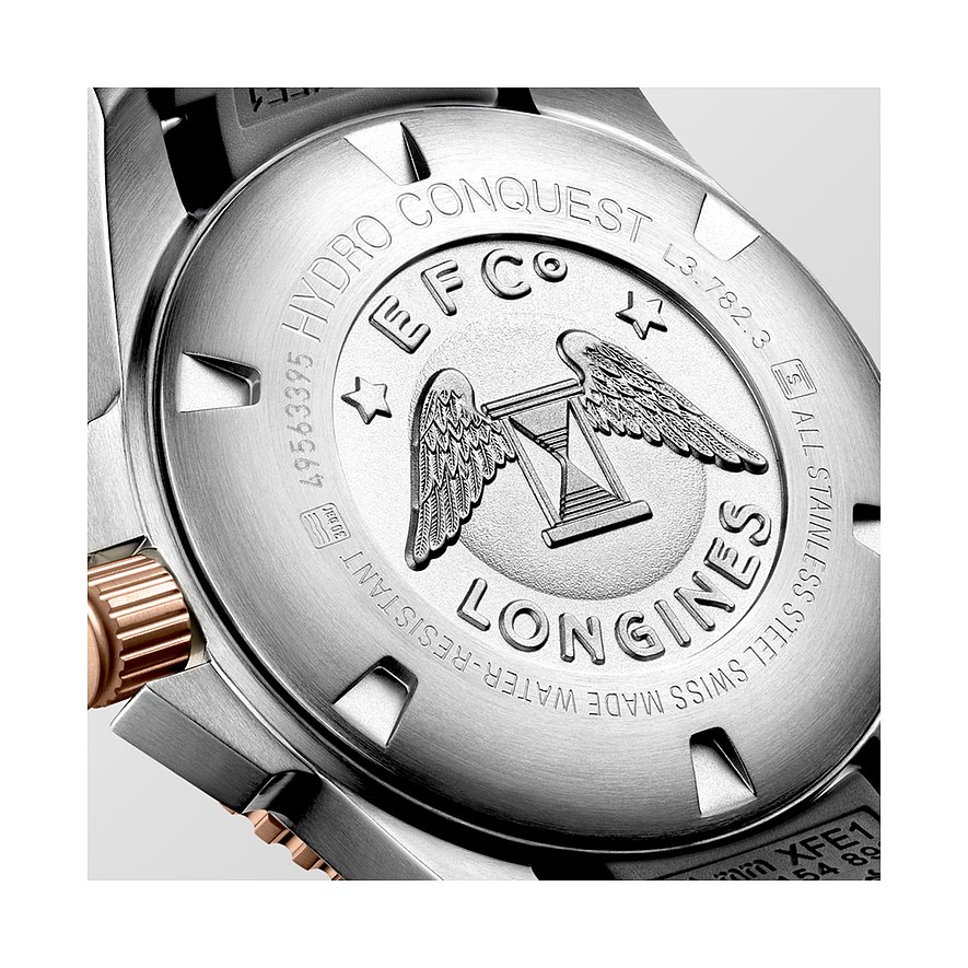 Longines Herrenuhr aus Edelstahl mit Keramik und graviertem Logo.