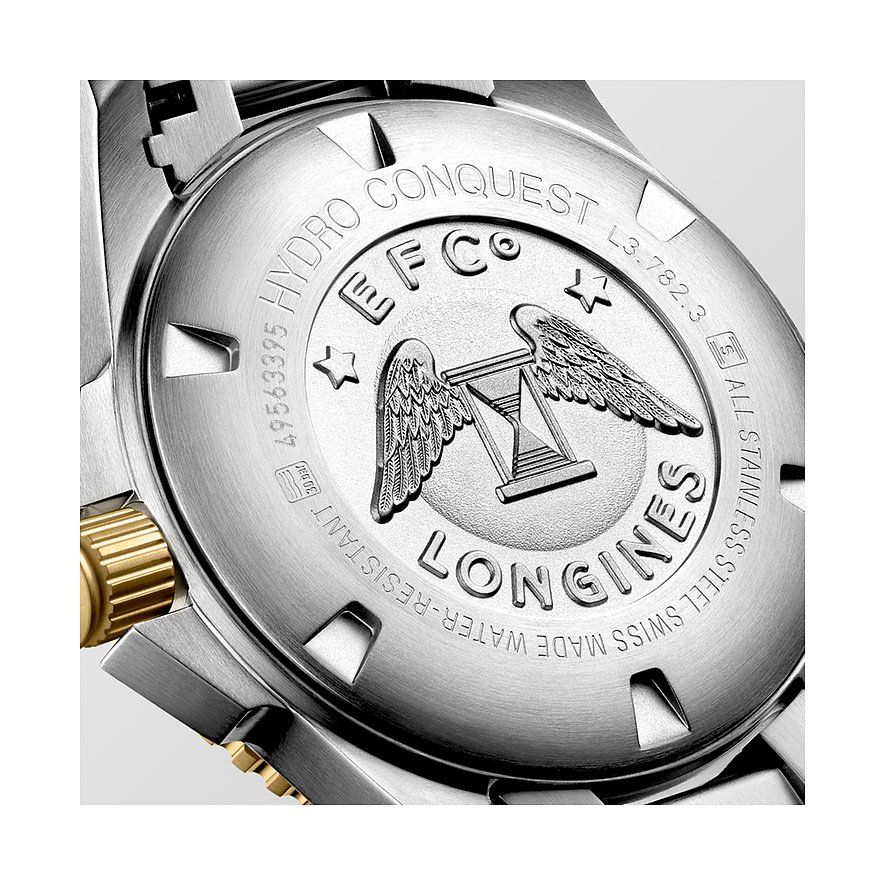 Longines Herrenuhr aus Edelstahl, silberfarben, mit Keramiklünette.