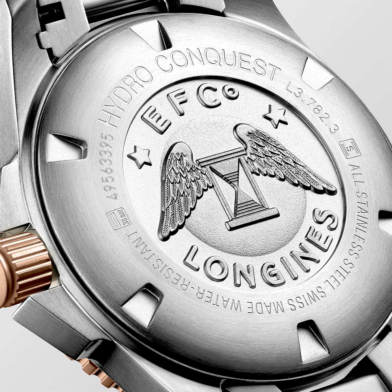 Longines Herrenuhr aus Edelstahl, mit Keramik-Elementen und roséfarbenen Akzenten.