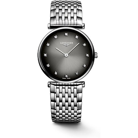 Longines Damenuhr aus Edelstahl mit Diamanten und grauem Zifferblatt.