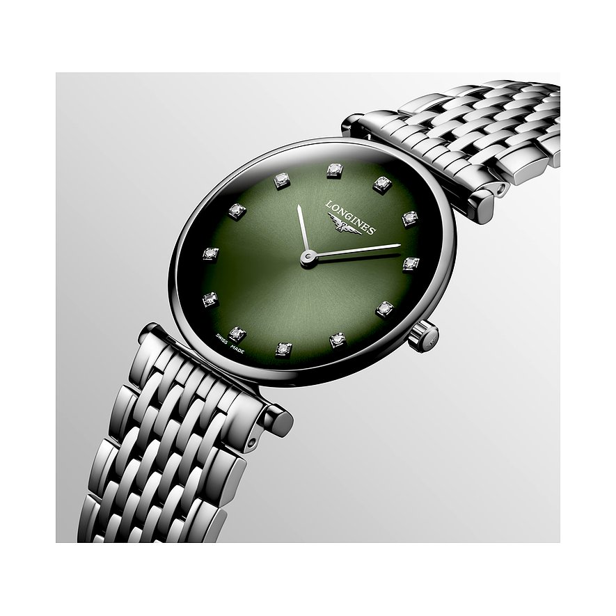 Longines Damenuhr aus Edelstahl mit Diamanten und grünem Zifferblatt.