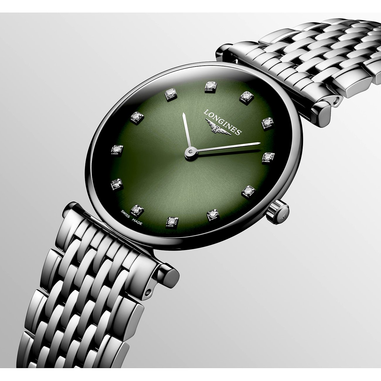 Longines Damenuhr aus Edelstahl mit Diamanten und grünem Zifferblatt.
