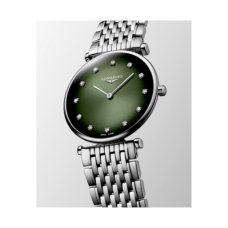 Longines Damenuhr aus Edelstahl mit Diamanten und grünem Zifferblatt.
