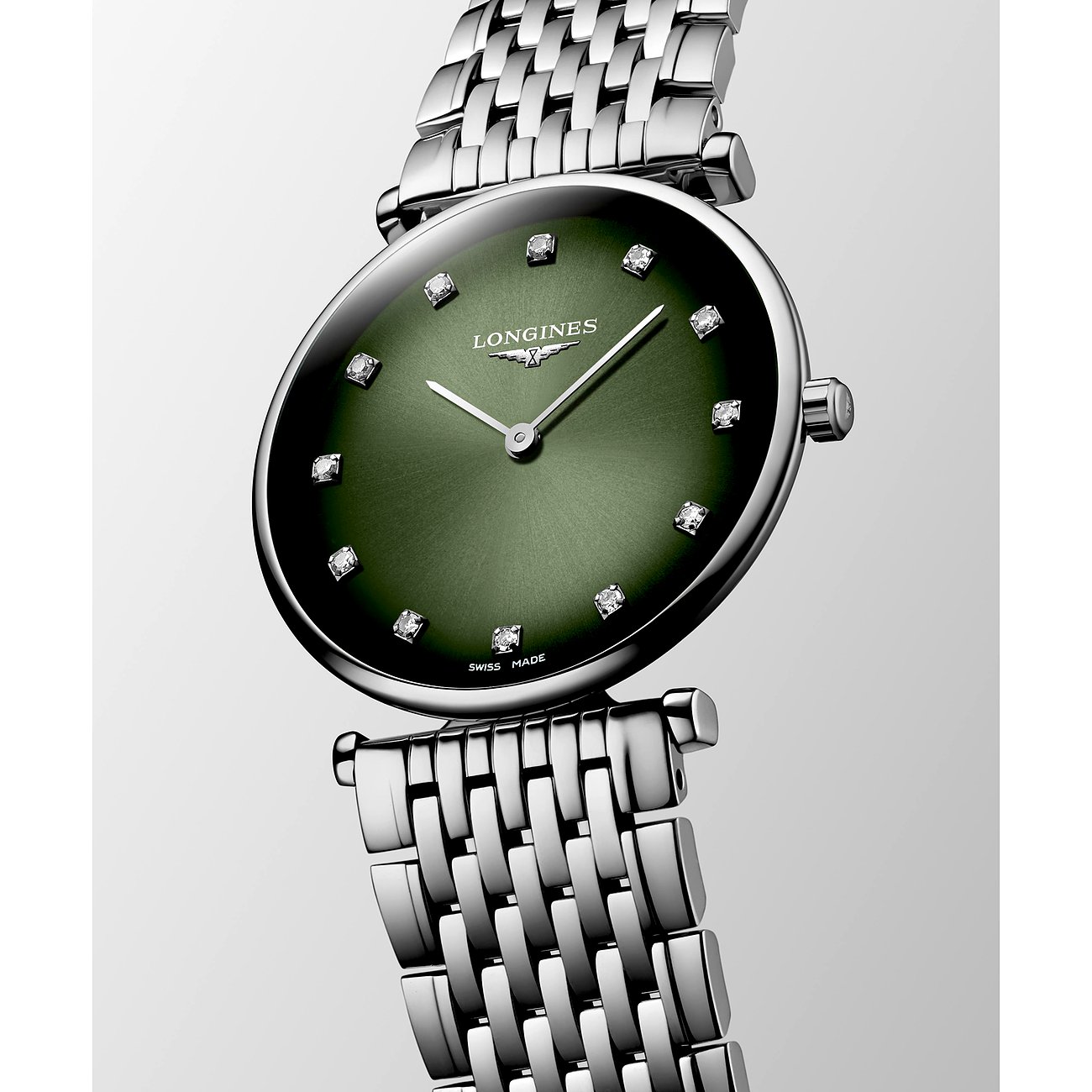 Longines Damenuhr aus Edelstahl mit Diamanten und grünem Zifferblatt.