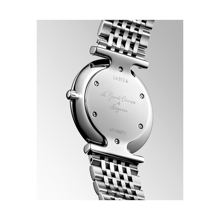 Longines Damenuhr aus Edelstahl mit Diamanten, analog, mit Faltschließe.