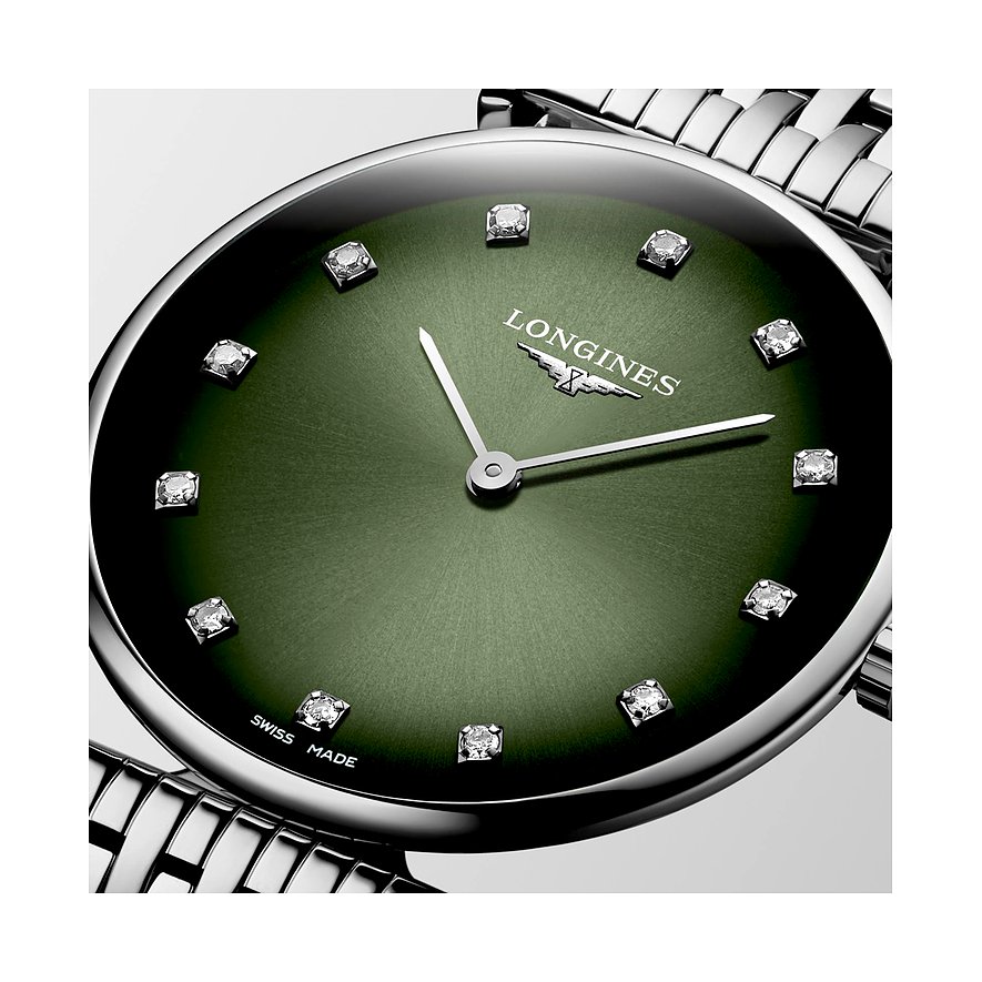 Longines Damenuhr aus Edelstahl mit Diamanten, grünes Zifferblatt, analog.