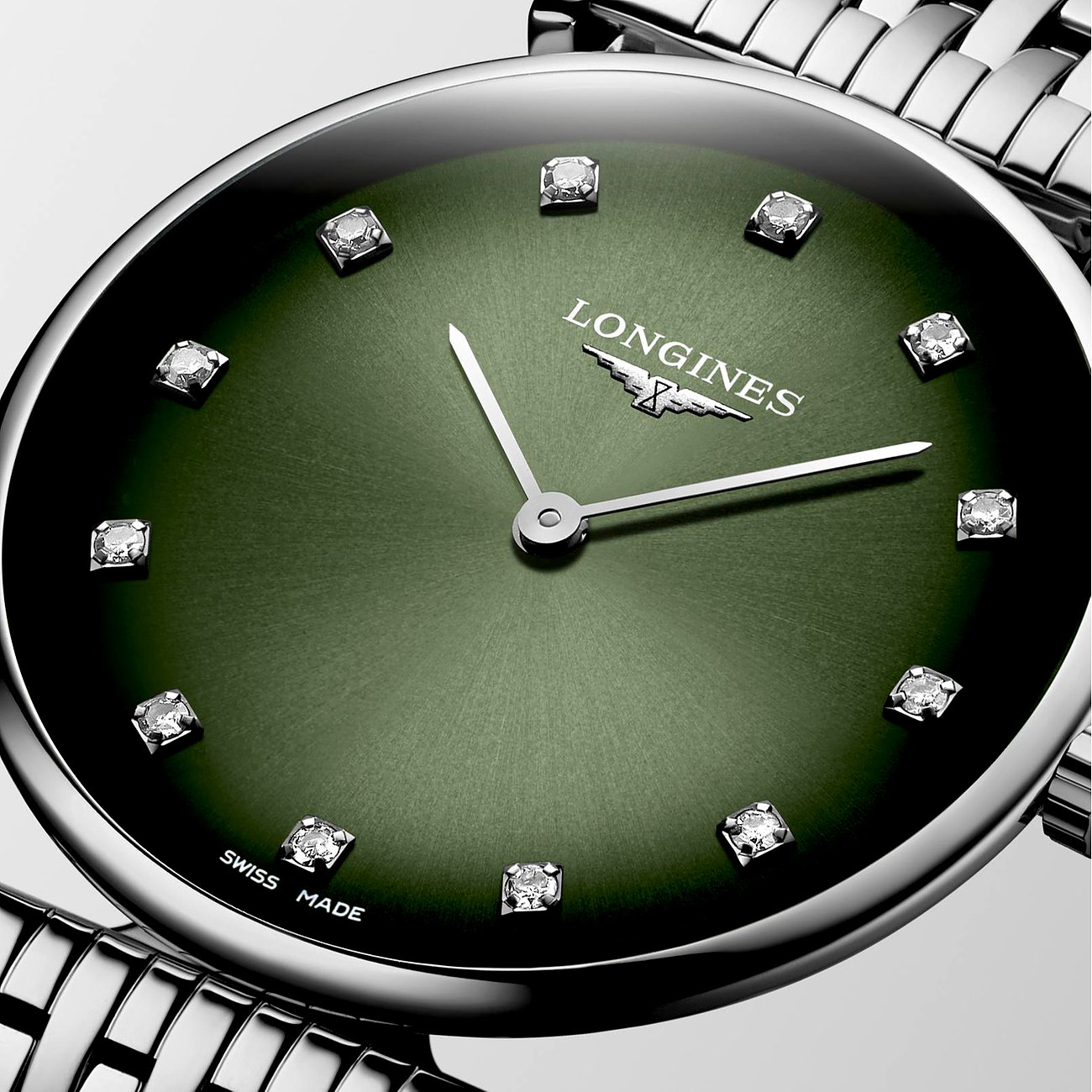 Longines Damenuhr aus Edelstahl mit Diamanten, grünes Zifferblatt, analog.